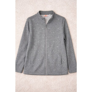 Quacker Factory Gray Rhinestone Zip Jacket Women’s Large Sparkle Sweatshirt